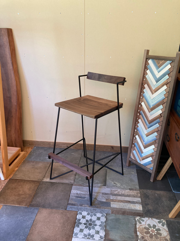 デザイナーズハイチェアⅢ アイアン×無垢材(ウォールナット) 椅子