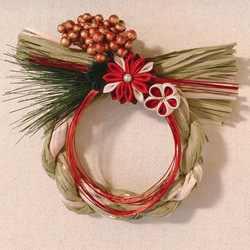 つまみ細工 緑のしめ縄飾り 正月用 つまみ細工 白の万寿菊とオレンジの