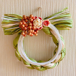 つまみ細工 緑のしめ縄飾り 正月用 つまみ細工 白の万寿菊とオレンジの