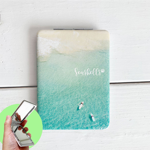 ハンドメードデザインのコンパクトミラー 折りたたみコンパクトミラー サーフガール サーフィン写真 拡大鏡 手鏡