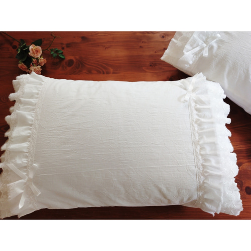 ホワイトコットン♪ふわふわミミフリル&レースのロマンティックベッドカバーシングル ホワイトコットン♪ミミフリル&レースのロマンティックピローカバー