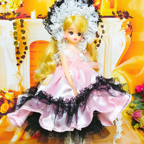 16cm ぬい服 ボンネットドレス ピンク② リカちゃん 人形服 ドレス ピンク ドール服 ボンネット
