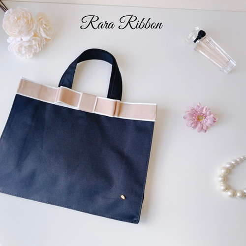 オーダー】レッスンバッグリボン柄紺