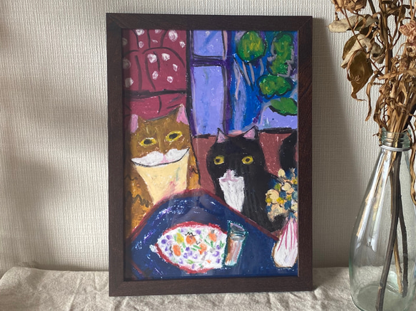 絵画 。壁掛け絵原画手描き【バラガーデンで猫たちが踊るロマンチックな時間】 絵画 。壁掛け絵原画手描き【橘猫と黒猫のデートの甘い夕食】