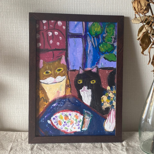 絵画 。壁掛け絵手描き【夕食の前、かわいい猫たち】 絵画 。壁掛け絵手描き【夕食の前、かわいい猫たち】