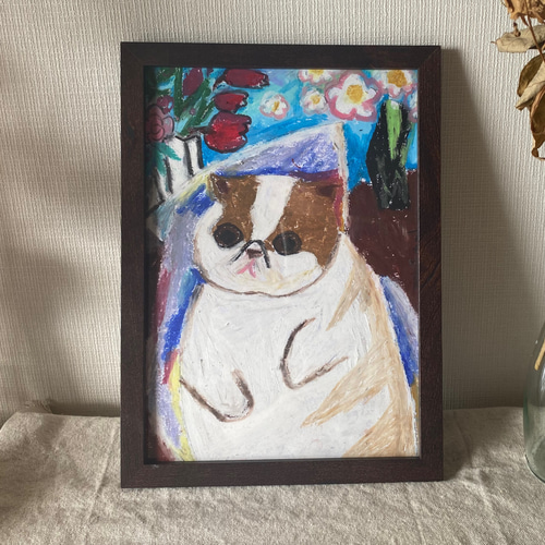 絵画 。壁掛け絵原画手描き【花瓶の中のきれいな花と太った猫】 絵画