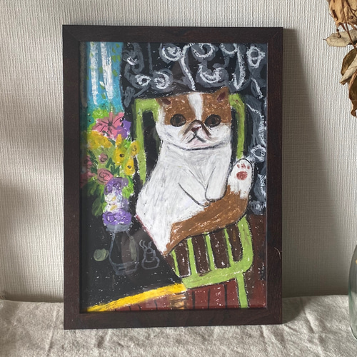 絵画 。壁掛け絵原画手描き【きれいな花瓶と椅子の猫ちゃん