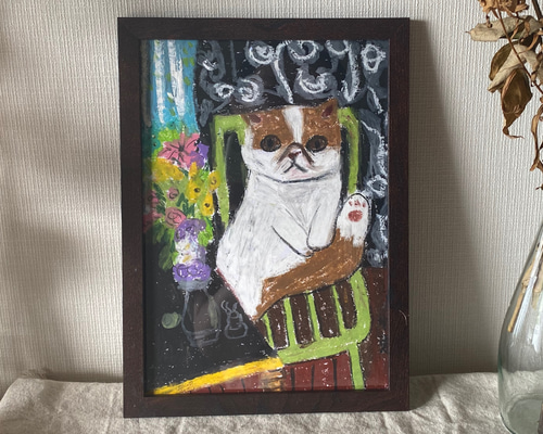 絵画 。壁掛け絵原画【美しい花束を整えた少女は2匹のシャム猫と遊んでいる】 絵画 。壁掛け絵原画【美しい花束を整えた少女は2匹のシャム猫と