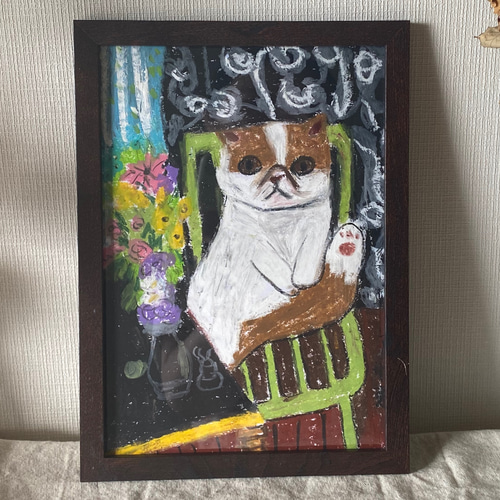 絵画 。壁掛け絵原画手描き【きれいな花瓶と椅子の猫ちゃん