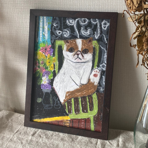 絵画 。壁掛け絵【部屋の中で花瓶を片付ける少女とかわいい白猫ちゃん