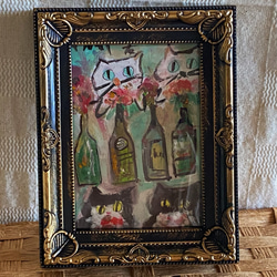 絵画 。手描き【猫たちの美しいろうそく、美味しいシャンパン
