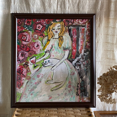 絵画 。壁掛け絵【神聖なヨーロッパの荘園でバラの花を楽しむ少女と魅力的な黒猫】 絵画 。壁掛け絵【神聖なヨーロッパの荘園でバラの花を楽しむ少女と