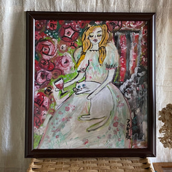絵画 。壁掛け絵【美しい赤いバラ園でワインを飲みながら白い猫を抱いている少女】 4枚目の画像