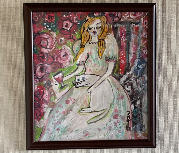 絵画 。壁掛け絵【神聖なヨーロッパの荘園でバラの花を楽しむ少女と魅力的な黒猫】 絵画 。壁掛け絵【神聖なヨーロッパの荘園でバラの花を楽しむ少女と