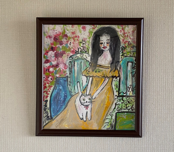 絵画 。壁掛け絵原画【フランス式庭園でシートの上に猫を抱いて花を見る少女】 7枚目の画像