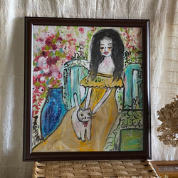 絵画 。壁掛け絵原画【フランス式庭園でシートの上に猫を抱いて花を見る少女】 4枚目の画像