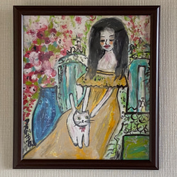 絵画 。壁掛け絵原画【フランス式庭園でシートの上に猫を抱いて花を見る少女】 3枚目の画像
