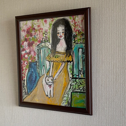 絵画 。壁掛け絵原画【フランス式庭園でシートの上に猫を抱いて花を見る少女】 2枚目の画像