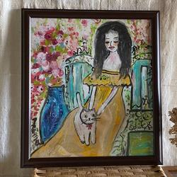 絵画 。壁掛け絵原画【フランス式庭園でシートの上に猫を抱いて花を見る少女】 8枚目の画像