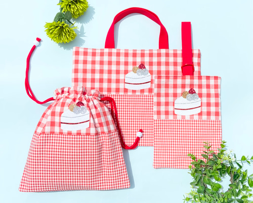 入園 入学 ハンドメイド レッスンバッグ ショートケーキ お着替え袋 女の子 ショートケーキ】入園グッズ・入学セット（レッスンバッグ、巾着袋