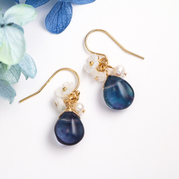 14kgf フローライトの蝶とあこやのピアス