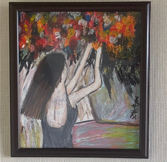 絵画 。壁掛け絵原画手描き【花瓶を片付けている少女】