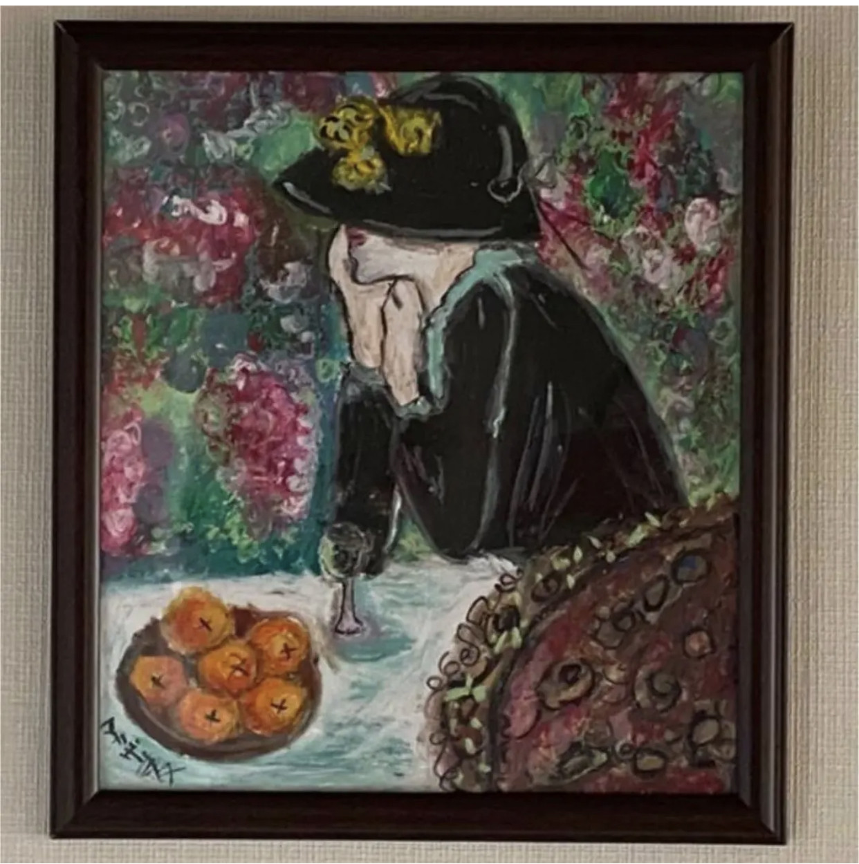 絵画 。壁掛け絵原画手描き【庭でシャンパンを飲んでいる優雅なフランス人女性】 絵画 。壁掛け絵原画手描き【庭でシャンパンを飲んでいる優雅な