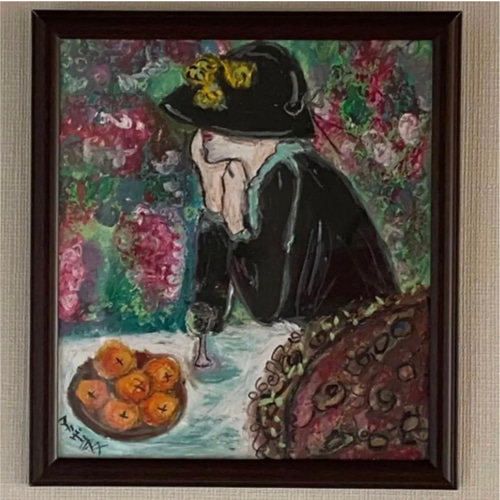 絵画 。壁掛け絵原画手描き【庭でシャンパンを飲んでいる優雅な