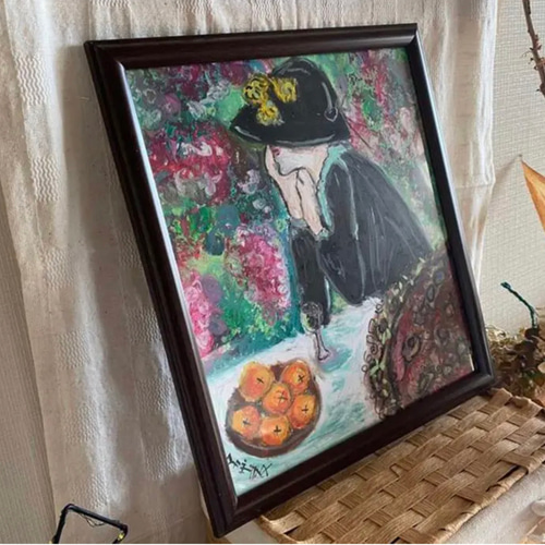 絵画 。壁掛け絵原画手描き【庭でシャンパンを飲んでいる優雅な