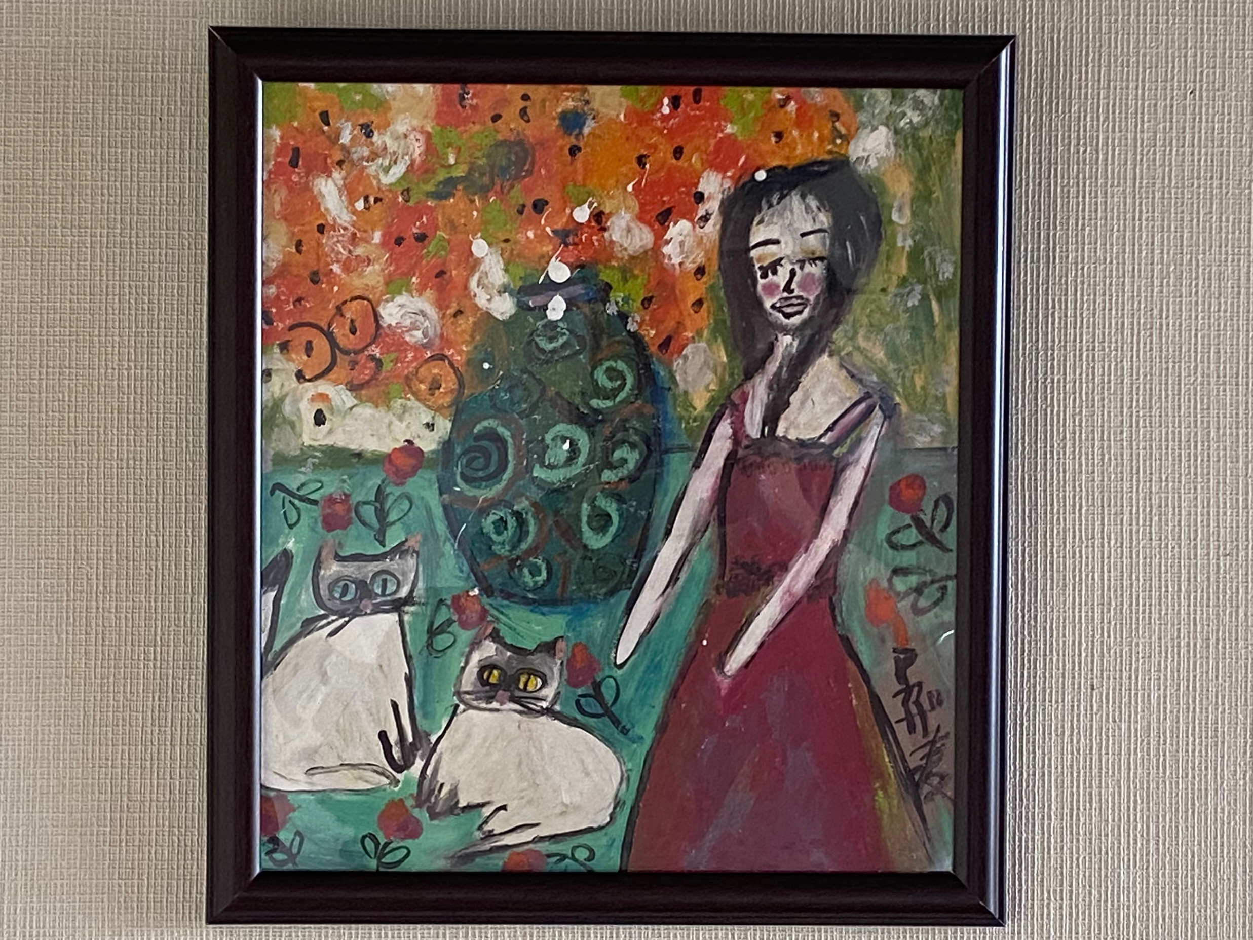 絵画 。壁掛け絵原画【女性の主人が花瓶を片付ける時に遊んでいた2