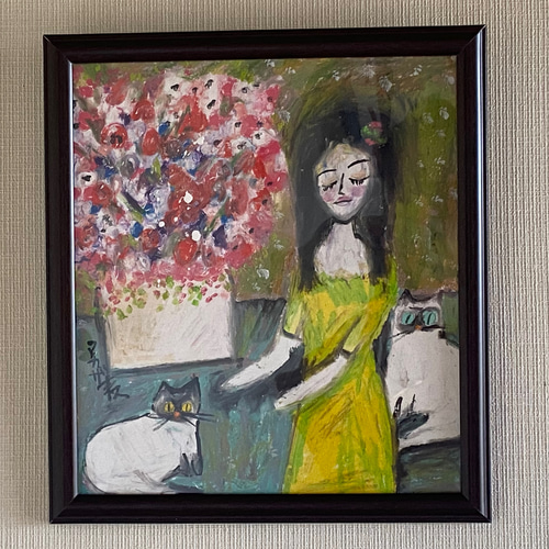 絵画 。壁掛け絵原画【女性の主人が花瓶を片付ける時に遊んでいた2匹のシャム猫】 絵画 。壁掛け絵原画【女性の主人が花瓶を片付ける時に遊んでいた2匹の