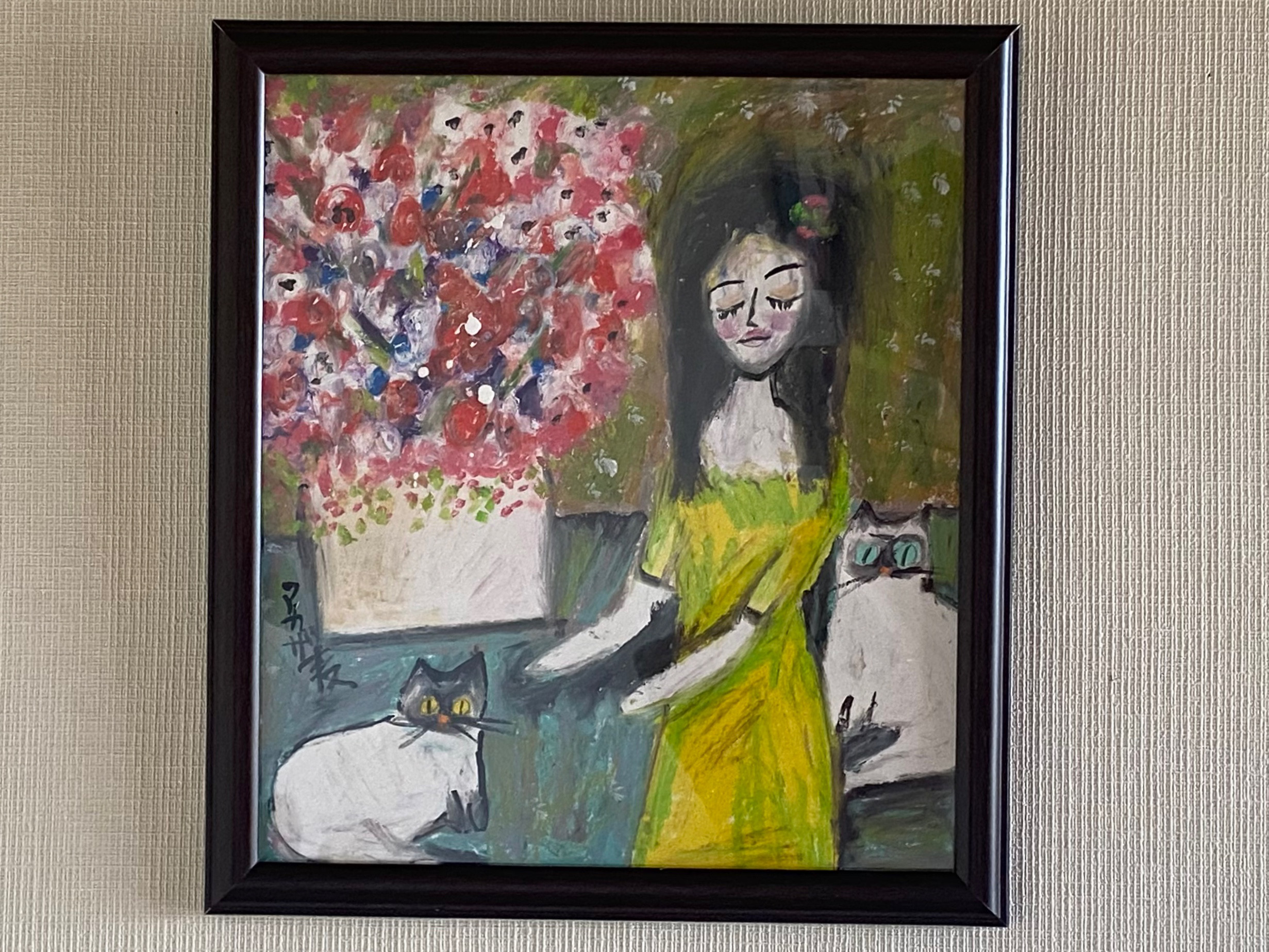 絵画 。壁掛け絵原画【美しい花束を整えた少女は2匹のシャム猫と遊んでいる】 絵画 。壁掛け絵原画【美しい花束を整えた少女は2匹のシャム猫