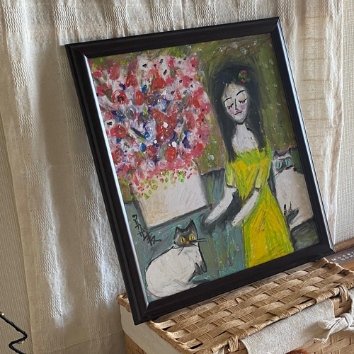 絵画 。原画☆【美しい花畑にきれいな花を植えたかわいいシャム猫】 絵画 。原画☆【美しい花畑にきれいな花を植えたかわいいシャム