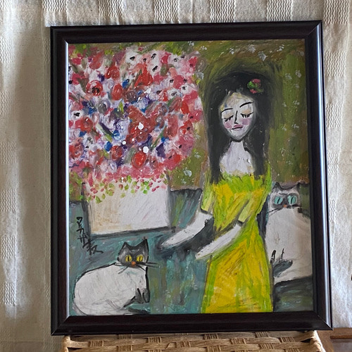 絵画 。原画☆【美しい花畑にきれいな花を植えたかわいいシャム猫】 絵画。原画手描き【シャム猫は庭で美しい花を楽しむのが好きだ】