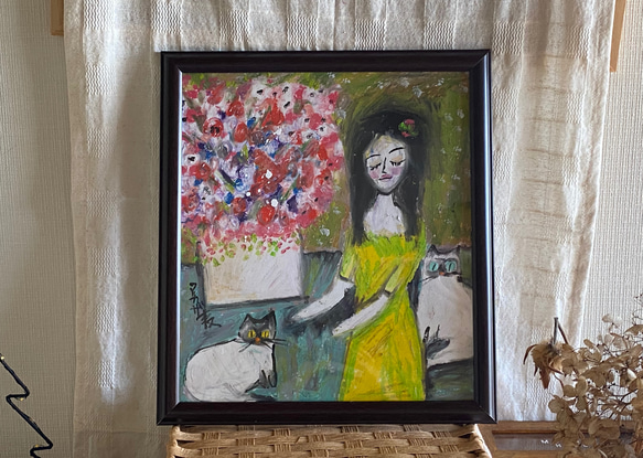 絵画 。壁掛け絵原画【女性の主人が花瓶を片付ける時に遊んでいた2匹のシャム猫】 絵画 。壁掛け絵原画【女性の主人が花瓶を片付ける時に遊んで