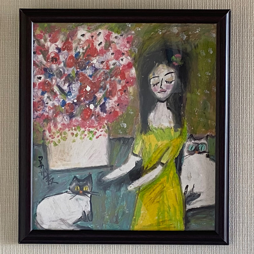 絵画 。壁掛け絵原画【女性の主人が花瓶を片付ける時に遊んで