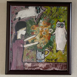 激安挑戦！！ 絵画 。壁掛け絵原画【部屋の中で花瓶を片付ける少女と楽しく遊ぶ2 絵画+タペストリー