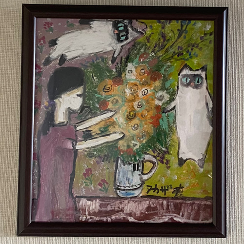 絵画 。壁掛け絵原画【女性の主人が花瓶を片付ける時に遊んでいた2