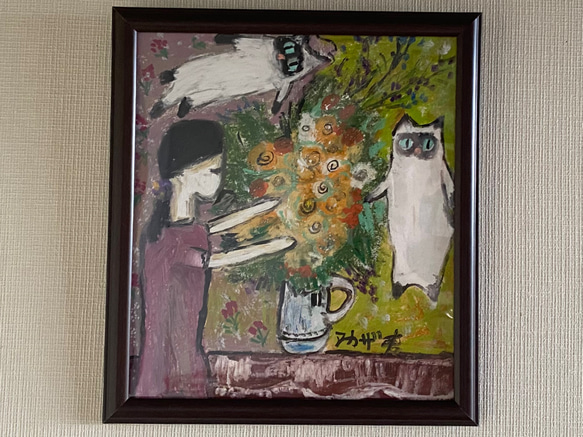 絵画 。壁掛け絵原画手描き【花瓶を片付けている少女】