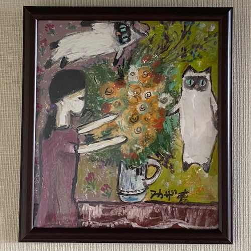 絵画 。原画☆【美しい花畑にきれいな花を植えたかわいいシャム猫】