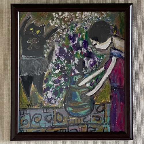 絵画 。壁掛け絵原画手描き【部屋の中で花瓶を片付ける少女と