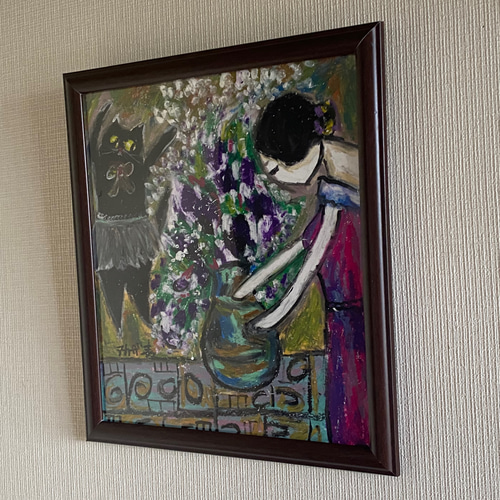 【公式ショップ】 絵画 。壁掛け絵原画手描き【部屋の中で花瓶を片付ける少女と 絵画+タペストリー