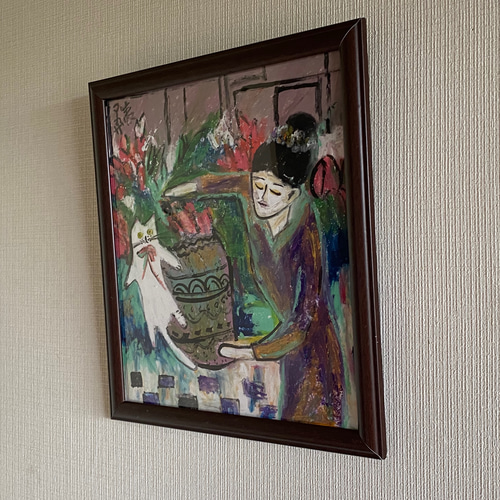 アパレル通販サイトランキング 絵画 。壁掛け絵原画手描き【部屋の中で花瓶を片付ける少女と 絵画