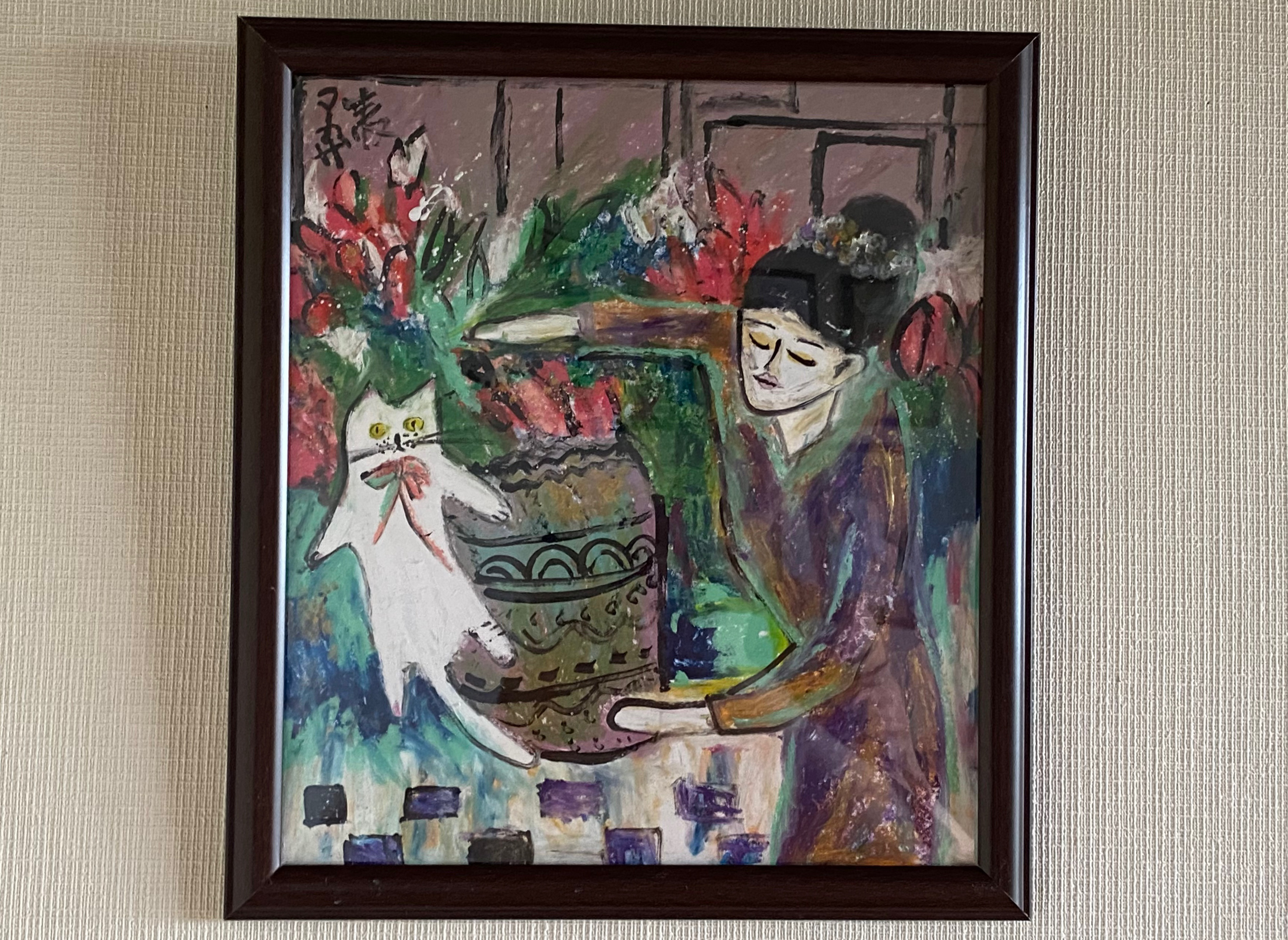 絵画 。壁掛け絵原画手描き【部屋の中で花瓶を片付ける少女とかわいい白猫ちゃん】