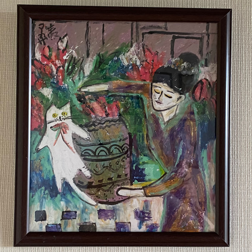 絵画 。壁掛け絵原画手描き【部屋の中で花瓶を片付ける少女と