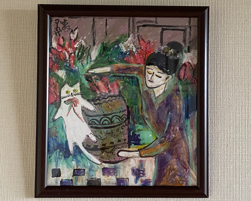 公式の  絵画 。壁掛け絵原画手描き【部屋の中で花瓶を片付ける少女と 絵画