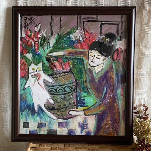 レビュー高評価アイテム特集｜ファッション通販 絵画 。壁掛け絵原画手描き【部屋の中で花瓶を片付ける少女と 絵画+タペストリー