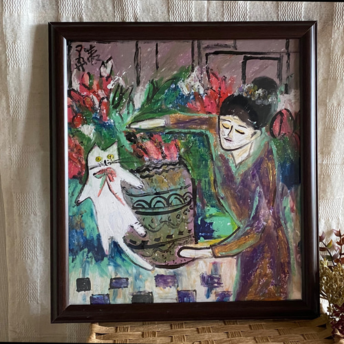 絵画 。壁掛け絵原画【部屋の中で花瓶を片付ける少女と楽しく遊ぶ2匹のシャム猫】 絵画 。壁掛け絵原画【部屋の中で花瓶を片付ける少女と楽しく遊ぶ2