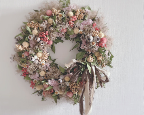 【ルーク】pink Xmasリース スモークツリーのふわふわpinkリース リース flower32n 通販 14525698