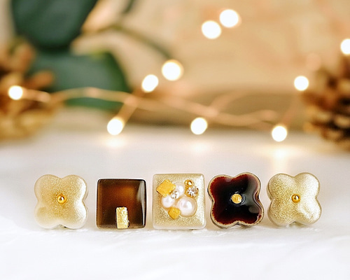 ゴールド×ブラウン 花 美濃焼 ガラス ピアス 陶器 イヤリング 【送料